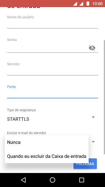 Pressione Nunca para manter os e-mails no servidor, quando você apagá-los do celular. Pressione Nunca para manter os e-mails no servidor, quando você apagá-los do celular.