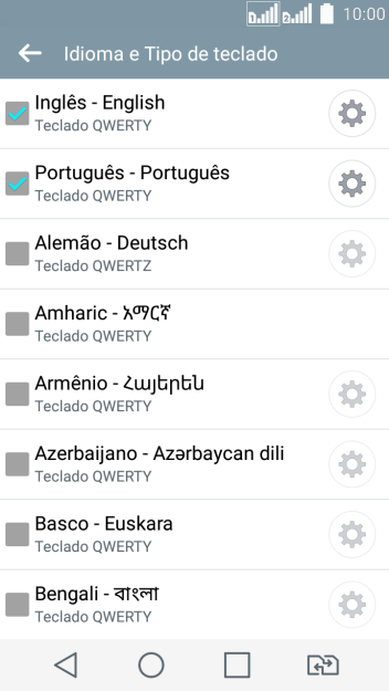 Pressione o ícone de configurações ao lado do idioma desejado. Pressione o ícone de configurações ao lado do idioma desejado.