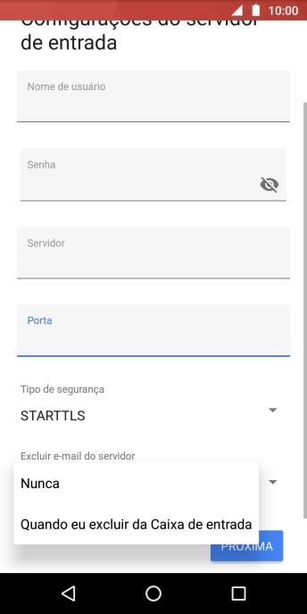 Pressione Nunca para manter os e-mails no servidor, quando você apagá-los do celular. Pressione Nunca para manter os e-mails no servidor, quando você apagá-los do celular.