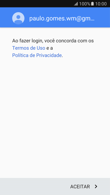 Pressione ACEITAR, e siga as indicações da tela para selecionar as configurações da sua conta Google. Pressione ACEITAR, e siga as indicações da tela para selecionar as configurações da sua conta Google.