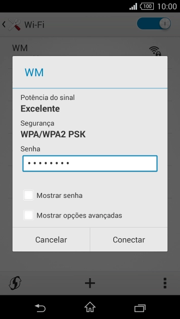 Digite a senha da sua conta da rede Wi-Fi, e pressione Conectar. Digite a senha da sua conta da rede Wi-Fi, e pressione Conectar.