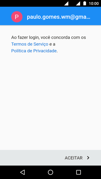 Pressione ACEITAR, e siga as indicações da tela para selecionar as configurações da sua conta Google. Pressione ACEITAR, e siga as indicações da tela para selecionar as configurações da sua conta Google.