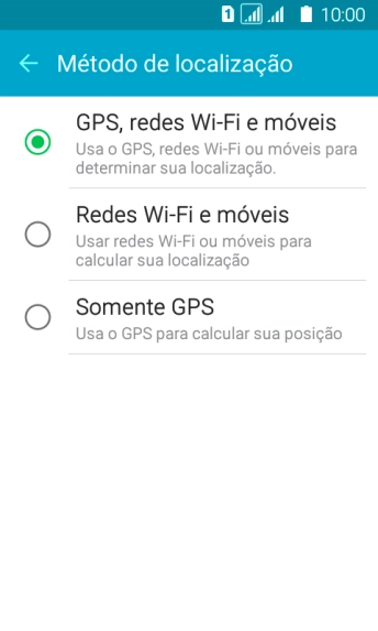 Se você selecionar GPS, redes Wi-Fi e móveis, o seu celular poderá encontrar sua posição precisa com ajuda dos satélites GPS, rede celular e e da rede Wi-Fi próximos à você. O GPS via satélite requer uma visão livre para o céu. Se você selecionar GPS, redes Wi-Fi e móveis, o seu celular poderá encontrar sua posição precisa com ajuda dos satélites GPS, rede celular e e da rede Wi-Fi próximos à você. O GPS via satélite requer uma visão livre para o céu.