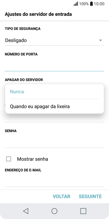 Pressione Nunca para manter os e-mails no servidor, quando você apagá-los do celular. Pressione Nunca para manter os e-mails no servidor, quando você apagá-los do celular.
