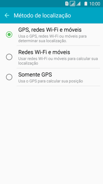Se você selecionar GPS, redes Wi-Fi e móveis, o seu celular poderá encontrar sua posição precisa com ajuda dos satélites GPS, rede celular e e da rede Wi-Fi próximos à você. O GPS via satélite requer uma visão livre para o céu. Se você selecionar GPS, redes Wi-Fi e móveis, o seu celular poderá encontrar sua posição precisa com ajuda dos satélites GPS, rede celular e e da rede Wi-Fi próximos à você. O GPS via satélite requer uma visão livre para o céu.