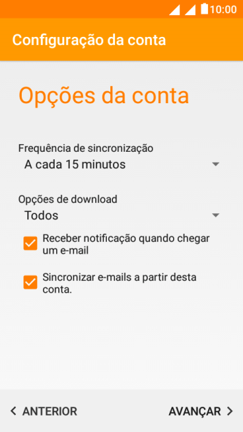 Se a tela mostrar essa imagem, sua conta foi reconhecida e configurada automaticamente. Siga as instruções da tela para inserir mais informações e finalizar a configuração. Se a tela mostrar essa imagem, sua conta foi reconhecida e configurada automaticamente. Siga as instruções da tela para inserir mais informações e finalizar a configuração.