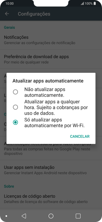 Para desativar a atualização automática de apps, você deve pressionar Não atualizar apps automaticamente.. Para desativar a atualização automática de apps, você deve pressionar Não atualizar apps automaticamente..