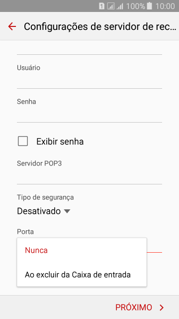 Pressione Nunca para manter os e-mails no servidor, quando você apagá-los do celular. Pressione Nunca para manter os e-mails no servidor, quando você apagá-los do celular.