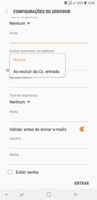 Pressione Nunca para manter os e-mails no servidor, quando você apagá-los do celular. Pressione Nunca para manter os e-mails no servidor, quando você apagá-los do celular.