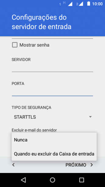 Pressione Nunca para manter os e-mails no servidor, quando você apagá-los do celular. Pressione Nunca para manter os e-mails no servidor, quando você apagá-los do celular.