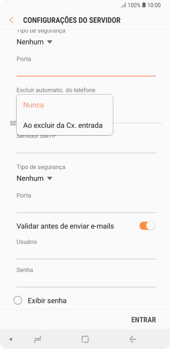 Pressione Nunca para manter os e-mails no servidor, quando você apagá-los do celular. Pressione Nunca para manter os e-mails no servidor, quando você apagá-los do celular.