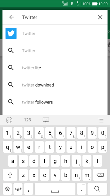 Digite Twitter, e pressione o ícone de busca. Digite Twitter, e pressione o ícone de busca.