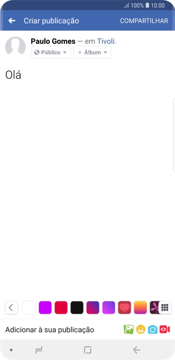 Digite o texto desejado, e pressione COMPARTILHAR. Digite o texto desejado, e pressione COMPARTILHAR.