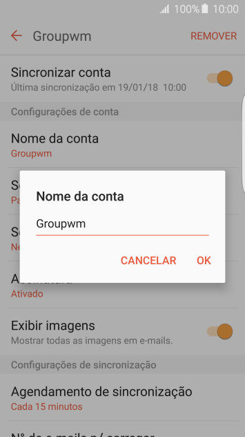 Digite o nome da conta de e-mail, e pressione OK. Digite o nome da conta de e-mail, e pressione OK.