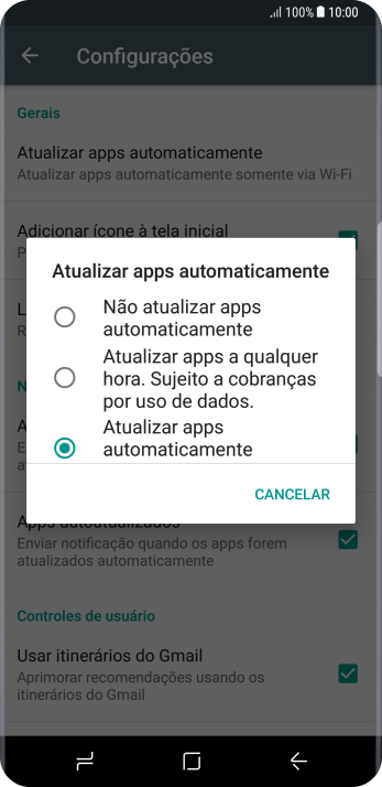 Para desativar a atualização automática de apps, você deve pressionar Não atualizar apps automaticamente. Para desativar a atualização automática de apps, você deve pressionar Não atualizar apps automaticamente.