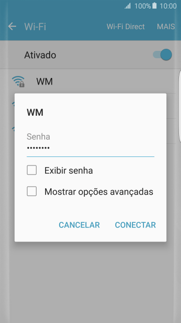 Digite a senha da sua conta da rede Wi-Fi, e pressione CONECTAR. Digite a senha da sua conta da rede Wi-Fi, e pressione CONECTAR.