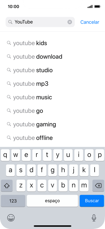 Digite YouTube, e pressione Buscar. Digite YouTube, e pressione Buscar.