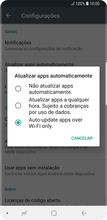 Para desativar a atualização automática de apps, você deve pressionar Não atualizar apps automaticamente.. Para desativar a atualização automática de apps, você deve pressionar Não atualizar apps automaticamente..