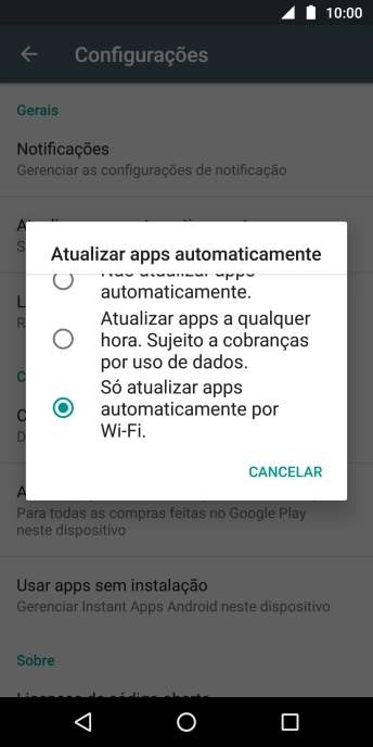 Para ativar a atualização automática de apps via Wi-Fi, você deve pressionar Só atualizar apps automaticamente por Wi-Fi.. Para ativar a atualização automática de apps via Wi-Fi, você deve pressionar Só atualizar apps automaticamente por Wi-Fi..