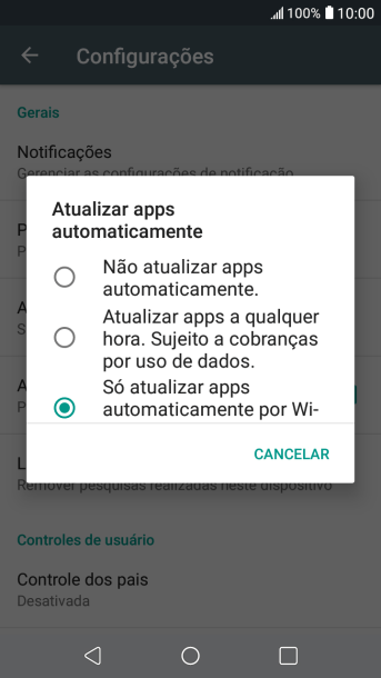 Para desativar a atualização automática de apps, você deve pressionar Não atualizar apps automaticamente.. Para desativar a atualização automática de apps, você deve pressionar Não atualizar apps automaticamente..