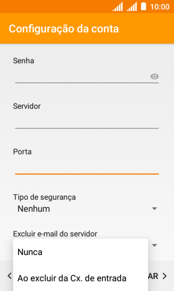 Pressione Nunca para manter os e-mails no servidor, quando você apagá-los do celular. Pressione Nunca para manter os e-mails no servidor, quando você apagá-los do celular.