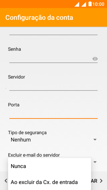 Pressione Nunca para manter os e-mails no servidor, quando você apagá-los do celular. Pressione Nunca para manter os e-mails no servidor, quando você apagá-los do celular.