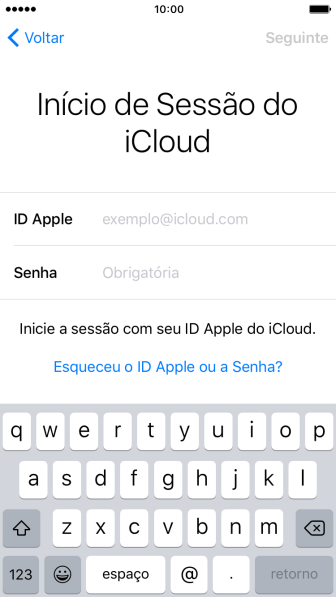 Pressione exemplo@icloud.com, e digite o nome de usuário do seu ID Apple. Pressione exemplo@icloud.com, e digite o nome de usuário do seu ID Apple.