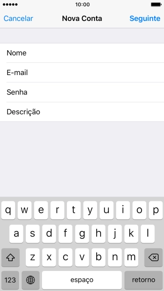 Pressione Descrição e digite a senha da sua conta e-mail. Pressione Descrição e digite a senha da sua conta e-mail.