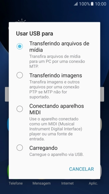 Pressione Transferindo arquivos de mídia para ativar a função. Pressione Transferindo arquivos de mídia para ativar a função.