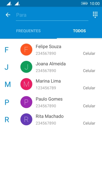 Pressione o campo de busca, e digite as primeiras letras do destinatário. Pressione o campo de busca, e digite as primeiras letras do destinatário.
