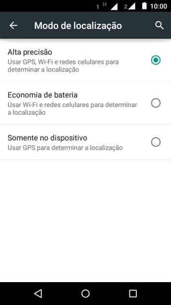 Se você selecionar Alta precisão, o seu celular poderá encontrar sua posição precisa com ajuda dos satélites GPS, rede celular e e da rede Wi-Fi próximos à você. O GPS via satélite requer uma visão livre para o céu. Se você selecionar Alta precisão, o seu celular poderá encontrar sua posição precisa com ajuda dos satélites GPS, rede celular e e da rede Wi-Fi próximos à você. O GPS via satélite requer uma visão livre para o céu.
