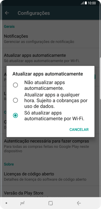 Para desativar a atualização automática de apps, você deve pressionar Não atualizar apps automaticamente.. Para desativar a atualização automática de apps, você deve pressionar Não atualizar apps automaticamente..