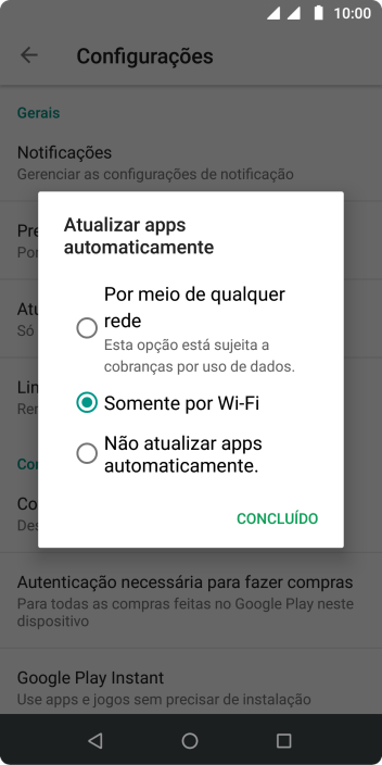 Para ativar a atualização automática de apps via rede celular, você deve pressionar Por meio de qualquer rede. Esta opção está sujeita a cobranças por uso de dados.. Para ativar a atualização automática de apps via rede celular, você deve pressionar Por meio de qualquer rede. Esta opção está sujeita a cobranças por uso de dados..