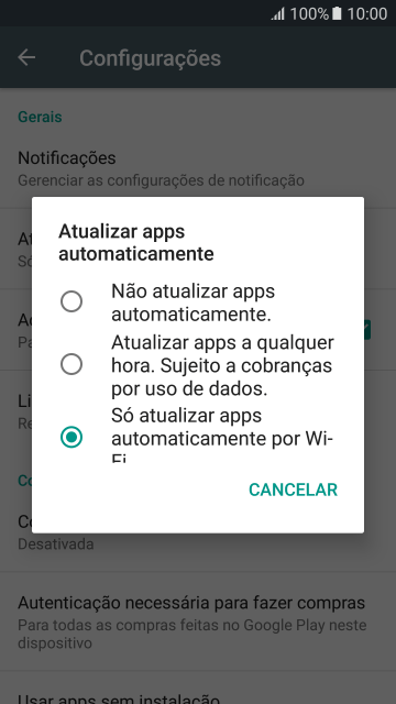 Para desativar a atualização automática de apps, você deve pressionar Não atualizar apps automaticamente.. Para desativar a atualização automática de apps, você deve pressionar Não atualizar apps automaticamente..