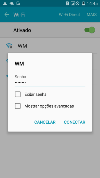Digite a senha da sua conta da rede Wi-Fi, e pressione CONECTAR. Digite a senha da sua conta da rede Wi-Fi, e pressione CONECTAR.