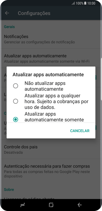 Para desativar a atualização automática de apps, você deve pressionar Não atualizar apps automaticamente. Para desativar a atualização automática de apps, você deve pressionar Não atualizar apps automaticamente.