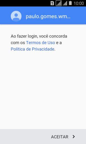Pressione ACEITAR, e siga as indicações da tela para selecionar as configurações da sua conta Google. Pressione ACEITAR, e siga as indicações da tela para selecionar as configurações da sua conta Google.