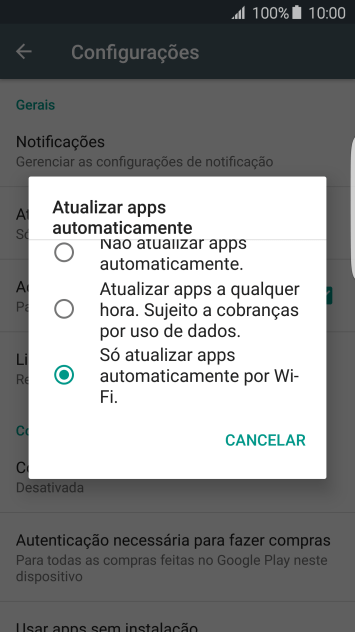 Para ativar a atualização automática de apps via Wi-Fi, você deve pressionar Só atualizar apps automaticamente por Wi-Fi.. Para ativar a atualização automática de apps via Wi-Fi, você deve pressionar Só atualizar apps automaticamente por Wi-Fi..