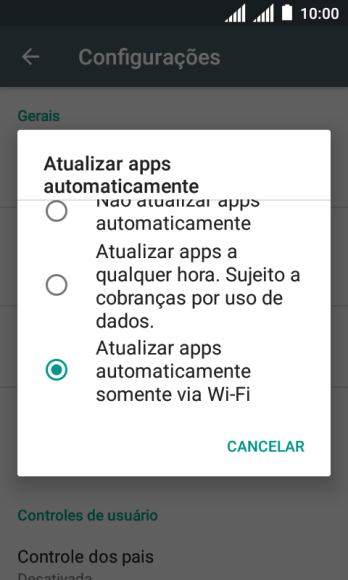Para ativar a atualização automática de apps via Wi-Fi, você deve pressionar Atualizar apps automaticamente somente via Wi-Fi. Para ativar a atualização automática de apps via Wi-Fi, você deve pressionar Atualizar apps automaticamente somente via Wi-Fi.