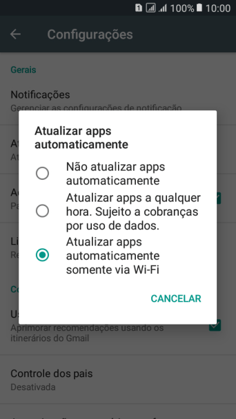 Pressione Não atualizar apps automaticamente para ativar ou desativar a função. Pressione Não atualizar apps automaticamente para ativar ou desativar a função.