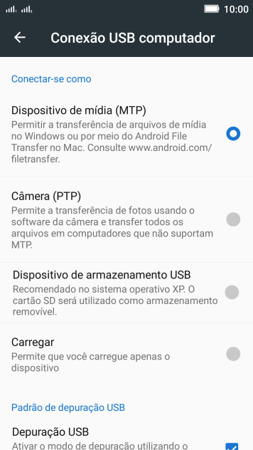 Pressione Dispositivo de mídia (MTP) para ativar a função. Pressione Dispositivo de mídia (MTP) para ativar a função.