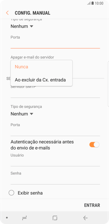 Pressione Nunca para manter os e-mails no servidor, quando você apagá-los do celular. Pressione Nunca para manter os e-mails no servidor, quando você apagá-los do celular.