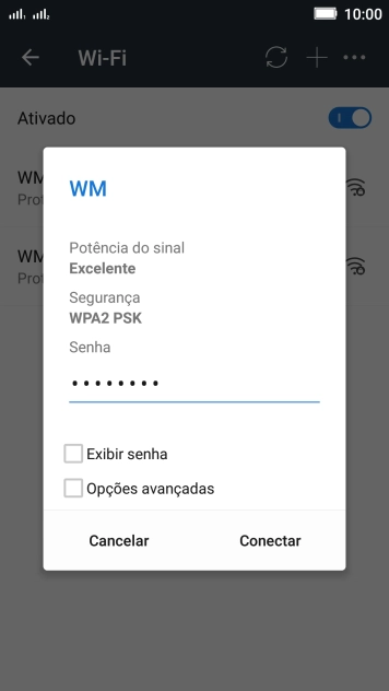 Digite a senha da sua conta da rede Wi-Fi, e pressione Conectar. Digite a senha da sua conta da rede Wi-Fi, e pressione Conectar.