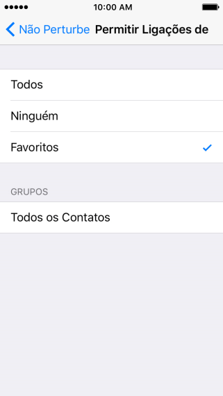 Pressione a configuração desejada para selecionar quais contatos podem ligar para você, quando o Não Perturbe estiver ativado. Pressione a configuração desejada para selecionar quais contatos podem ligar para você, quando o Não Perturbe estiver ativado.