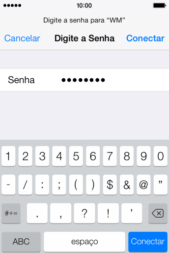 Digite a senha da sua conta da rede Wi-Fi, e pressione Conectar. Digite a senha da sua conta da rede Wi-Fi, e pressione Conectar.