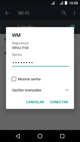 Digite a senha da sua conta da rede Wi-Fi, e pressione CONECTAR. Digite a senha da sua conta da rede Wi-Fi, e pressione CONECTAR.