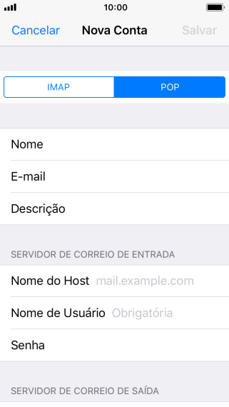 Pressione Nome do Host, e insira o nome do servidor de entrada do seu provedor de e-mails. Pressione Nome do Host, e insira o nome do servidor de entrada do seu provedor de e-mails.