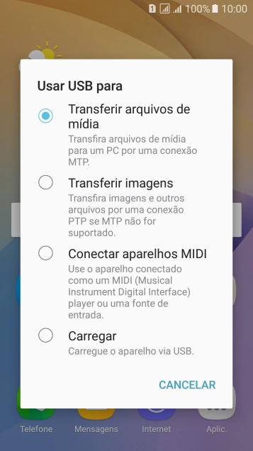 Pressione Transferindo arquivos de mídia para ativar a função. Pressione Transferindo arquivos de mídia para ativar a função.