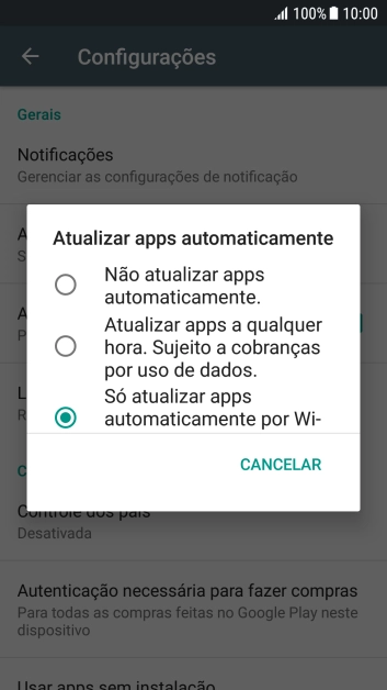Para desativar a atualização automática de apps, você deve pressionar Não atualizar apps automaticamente.. Para desativar a atualização automática de apps, você deve pressionar Não atualizar apps automaticamente..