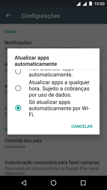 Para ativar a atualização automática de apps via Wi-Fi, você deve pressionar Só atualizar apps automaticamente por Wi-Fi.. Para ativar a atualização automática de apps via Wi-Fi, você deve pressionar Só atualizar apps automaticamente por Wi-Fi..